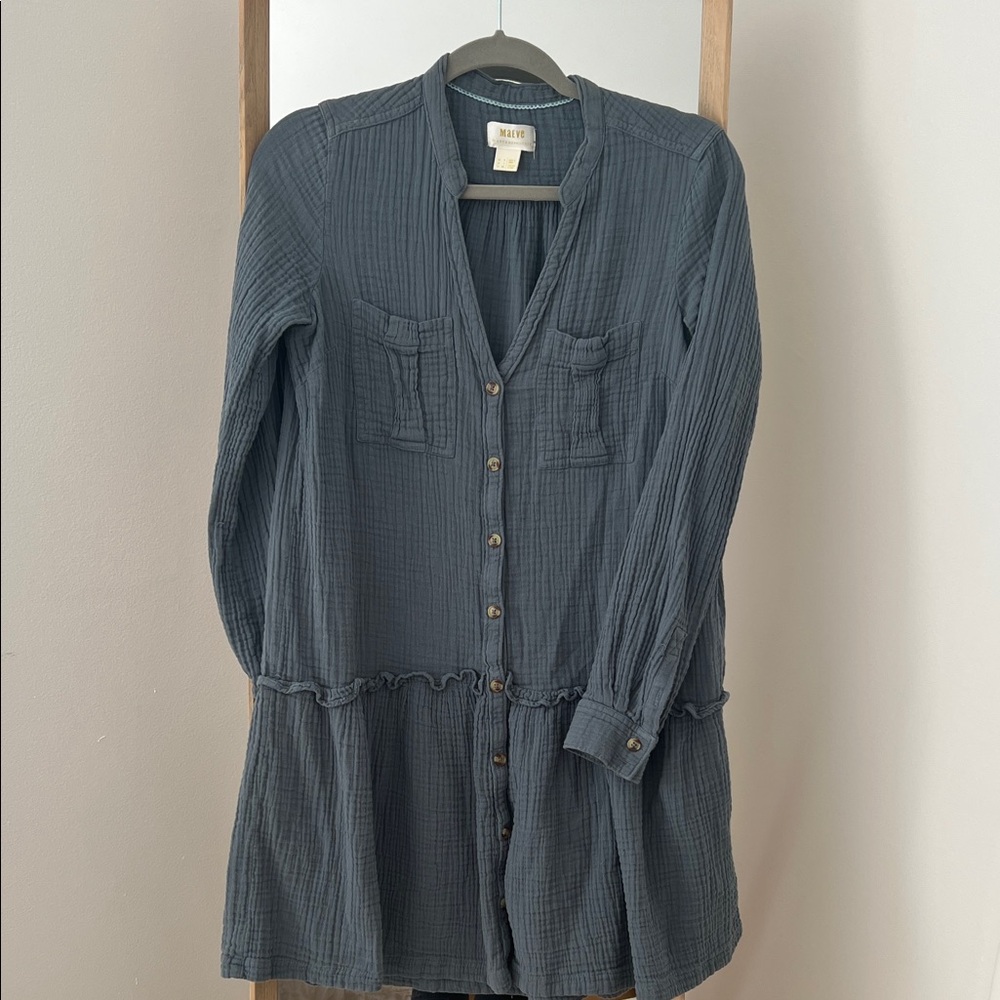 Maeve by Anthropologie Gray/blue Button-Down Tunic Cotton Midi Ruffle Dress